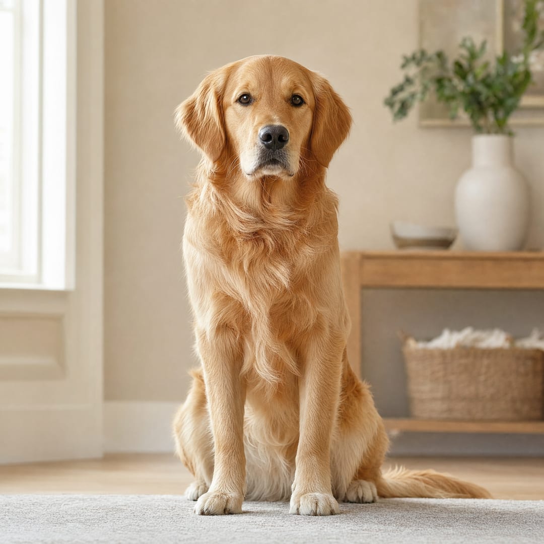A golden retriever sitting calmly indoors, waiting attentively.